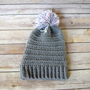 Grey Ribbed Slouchy Beanie Unisex Hat With Pom Pom